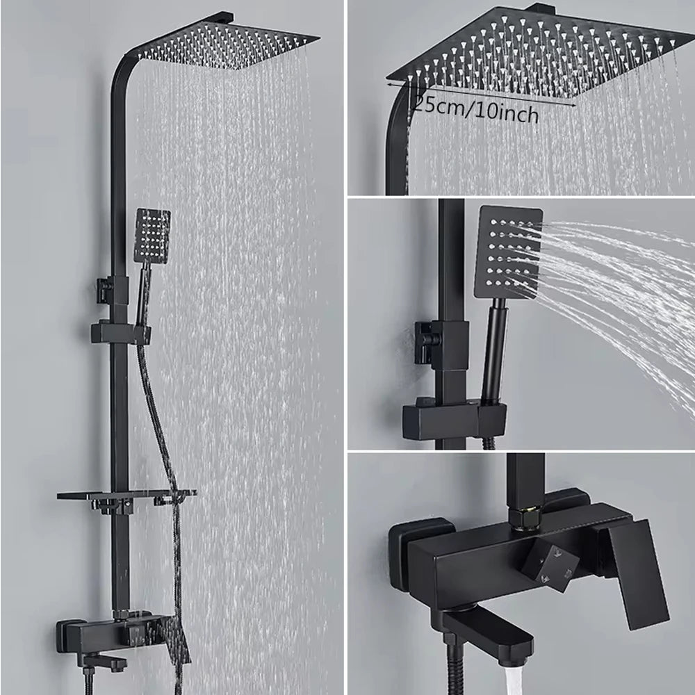 Chrome Brass Shower Faucet Set Rainfall Bathtub Tap With Bathroom Shelf 4 Function Height Adjust Shower Mixer Crane Fast Delivey