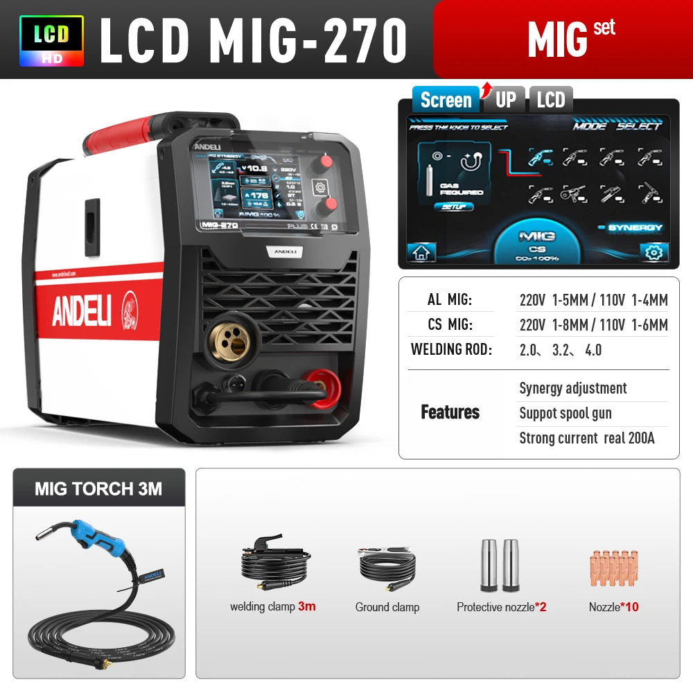 ANDELI 200A Semi-automatic Welding Machine MIG/LIFT TIG/MMA/Aluminum Welding/Spool Gun Inverter MIG Welder Gas Gasless Welding - Daisan Mart