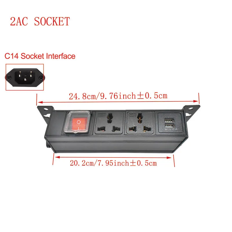 Ổ Cắm Tủ PDU Hợp Kim Nhôm 2USB, Công Tắc Đôi 1-9AC - Daisan Mart