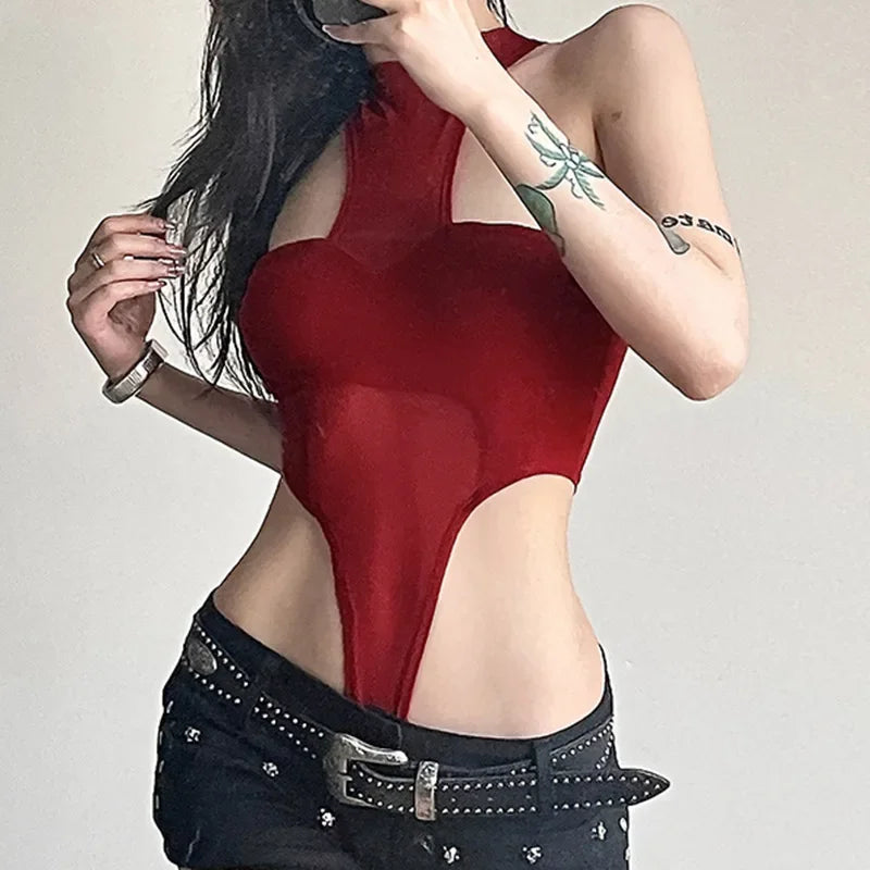 Bodysuit Đỏ Sexy Lưới Trong Suốt - Y2K Nữ Tính - Daisan Mart