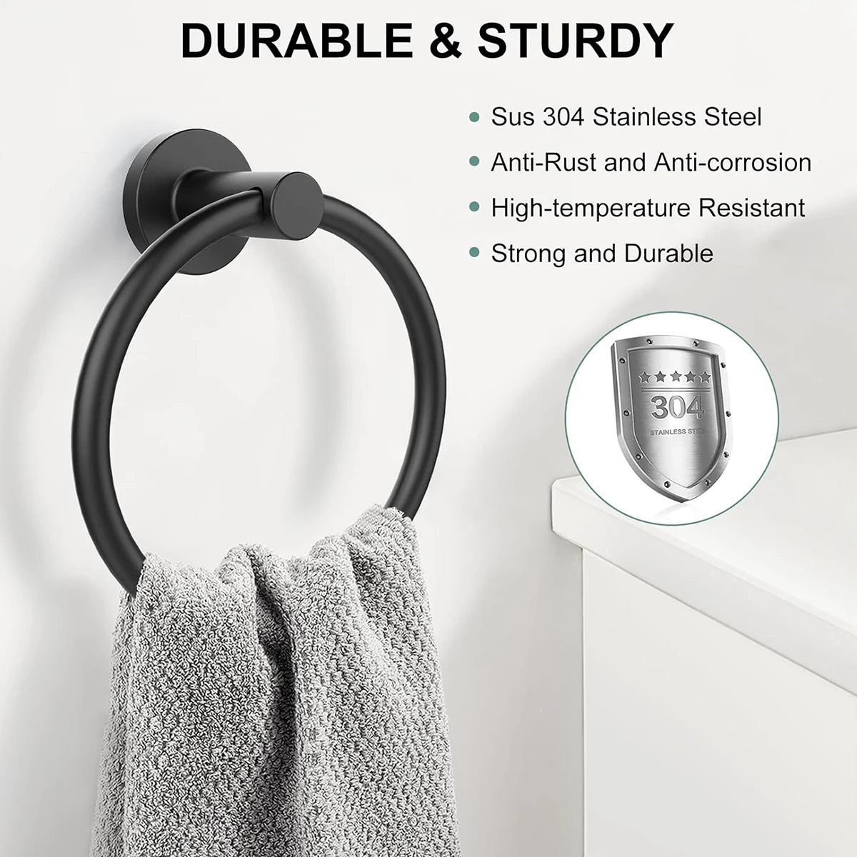 Bathroom Towel Ring Hardware Accessories Storage Holder 304 Stainless Steel Matte Black Hand Towel Holder Round Towel Hanger - Daisan Mart