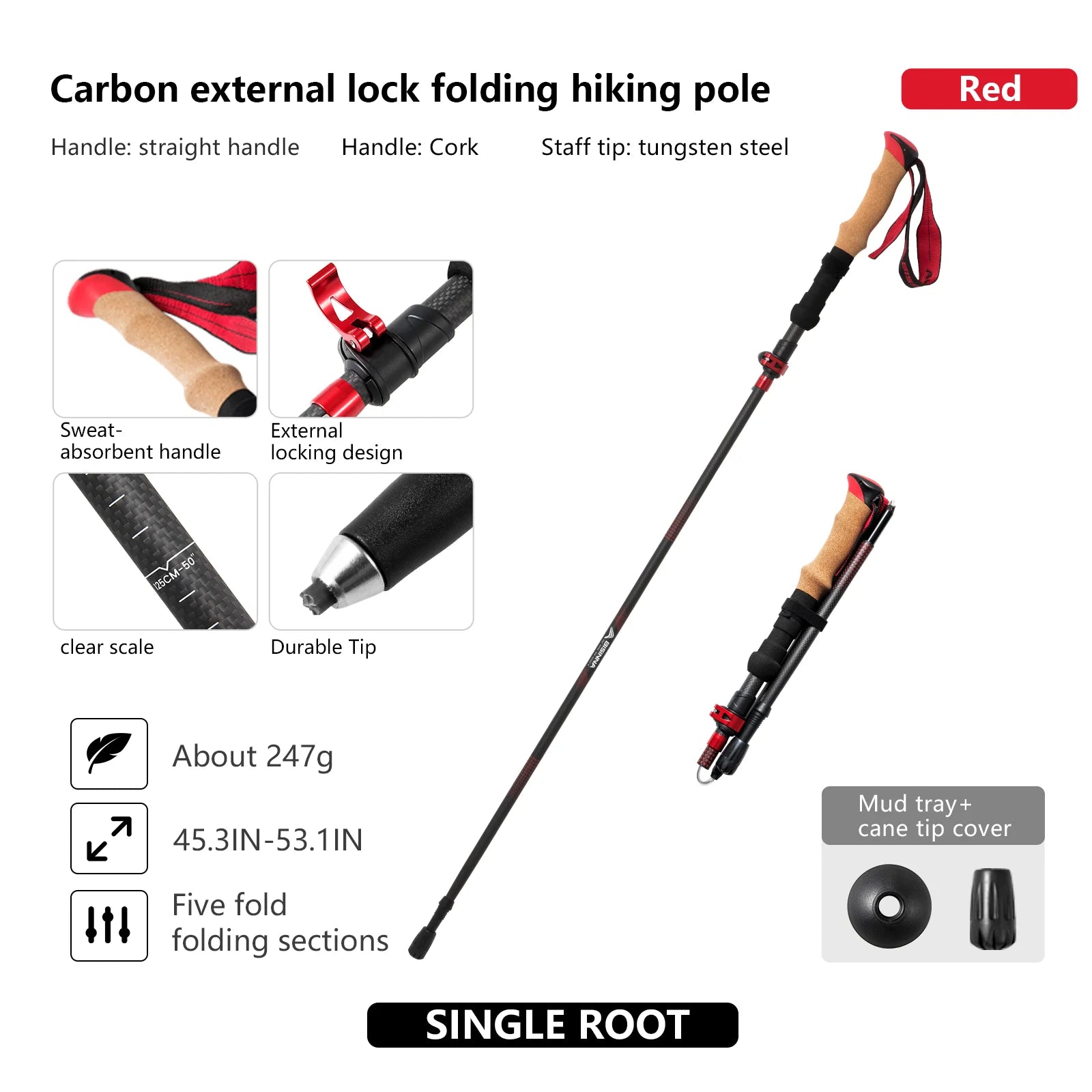 BISINNA Ultra Light 5-Section Folding Carbon Trekking Pole