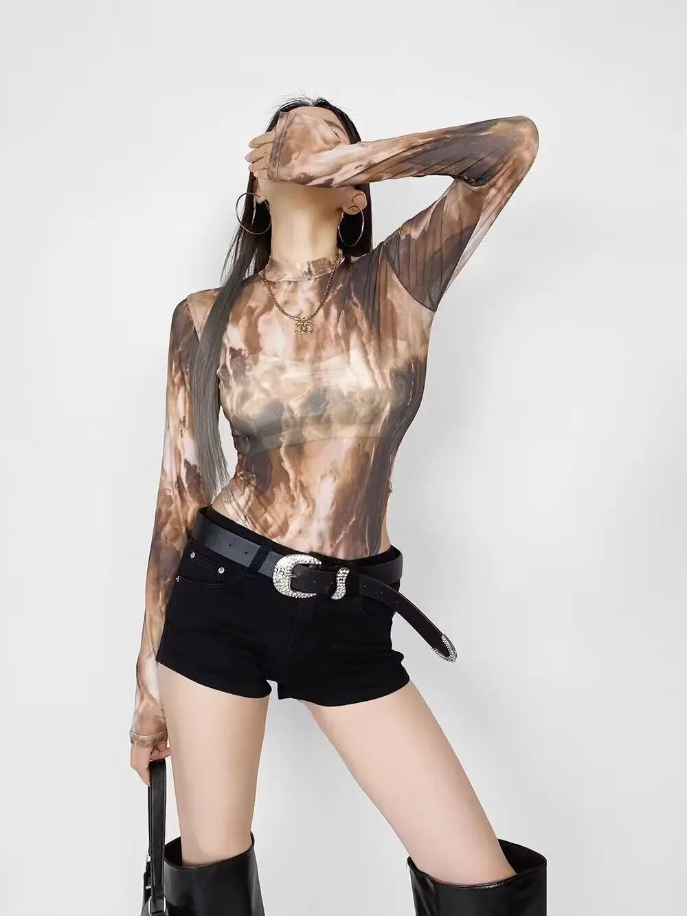 Sexy 2-Color Ombre Mesh Long Sleeve Bodysuit 2025