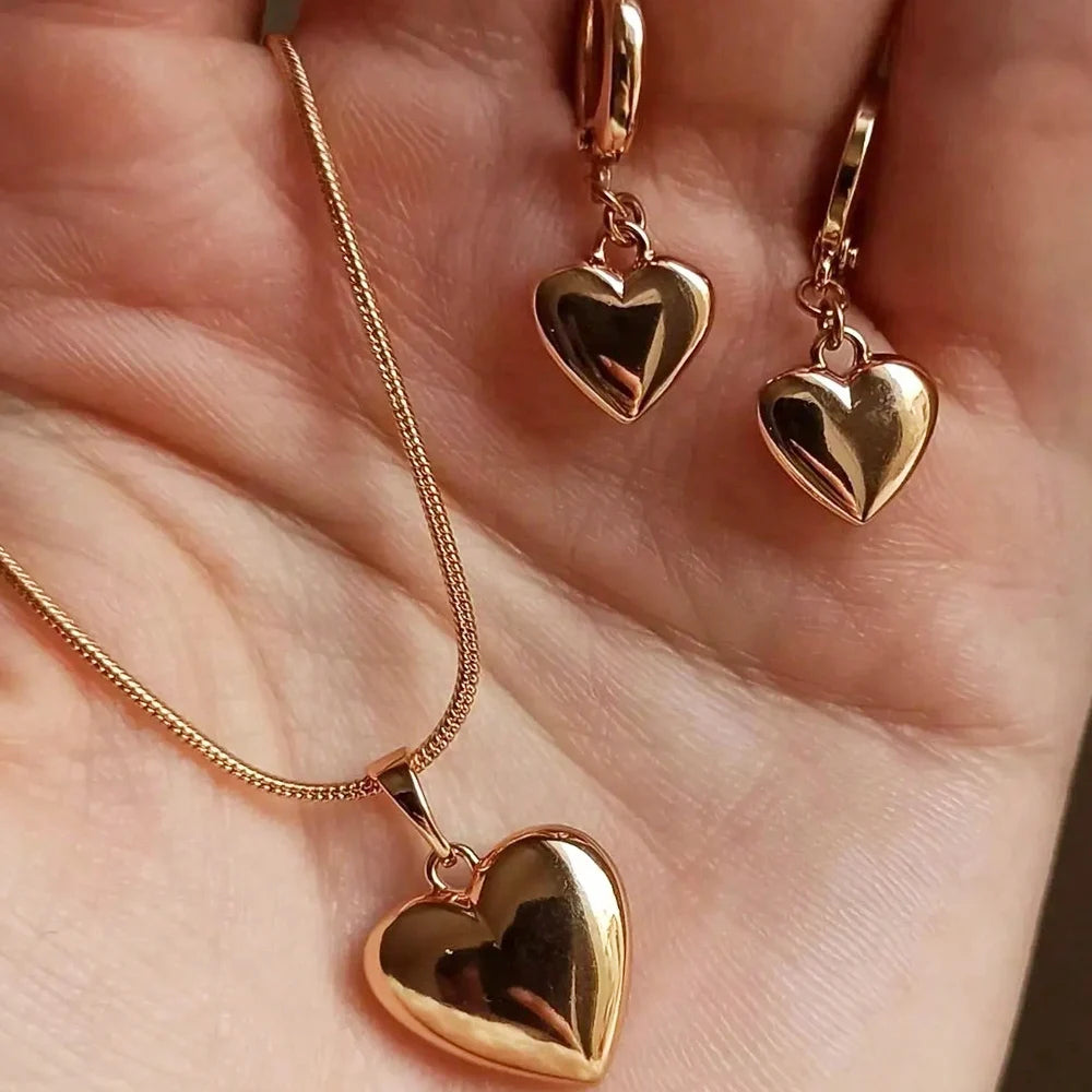 Shiny Gold Heart Jewelry Set - Earrings &amp; Necklace