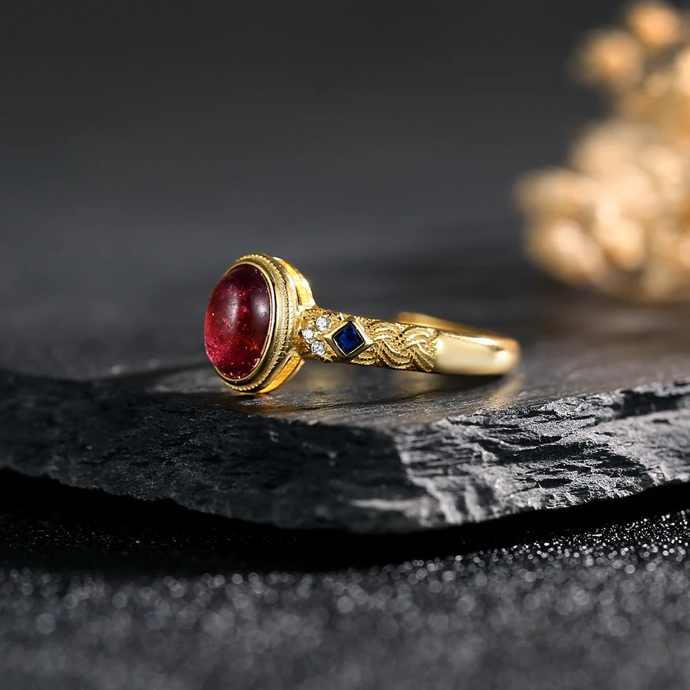 18K Retro Natural Garnet Halo Ring