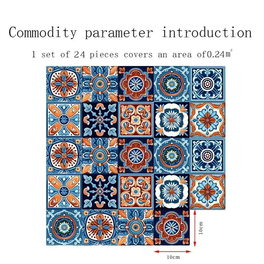 24pcs Morocco Style Colorful Retro Tiles Wall Sticker Kitchen Bathroom Tile Waist Line Wallpaper PVC Waterproof Art Mural