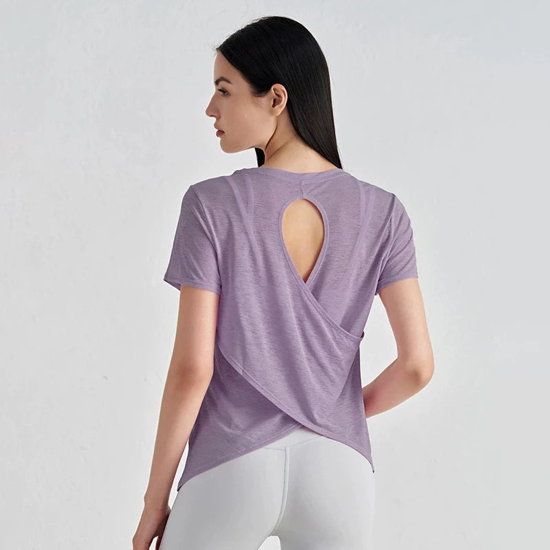Áo Tập Gym Nữ Nylon Thoáng Mát Lưng Rỗng Ngắn Tay - Daisan Mart