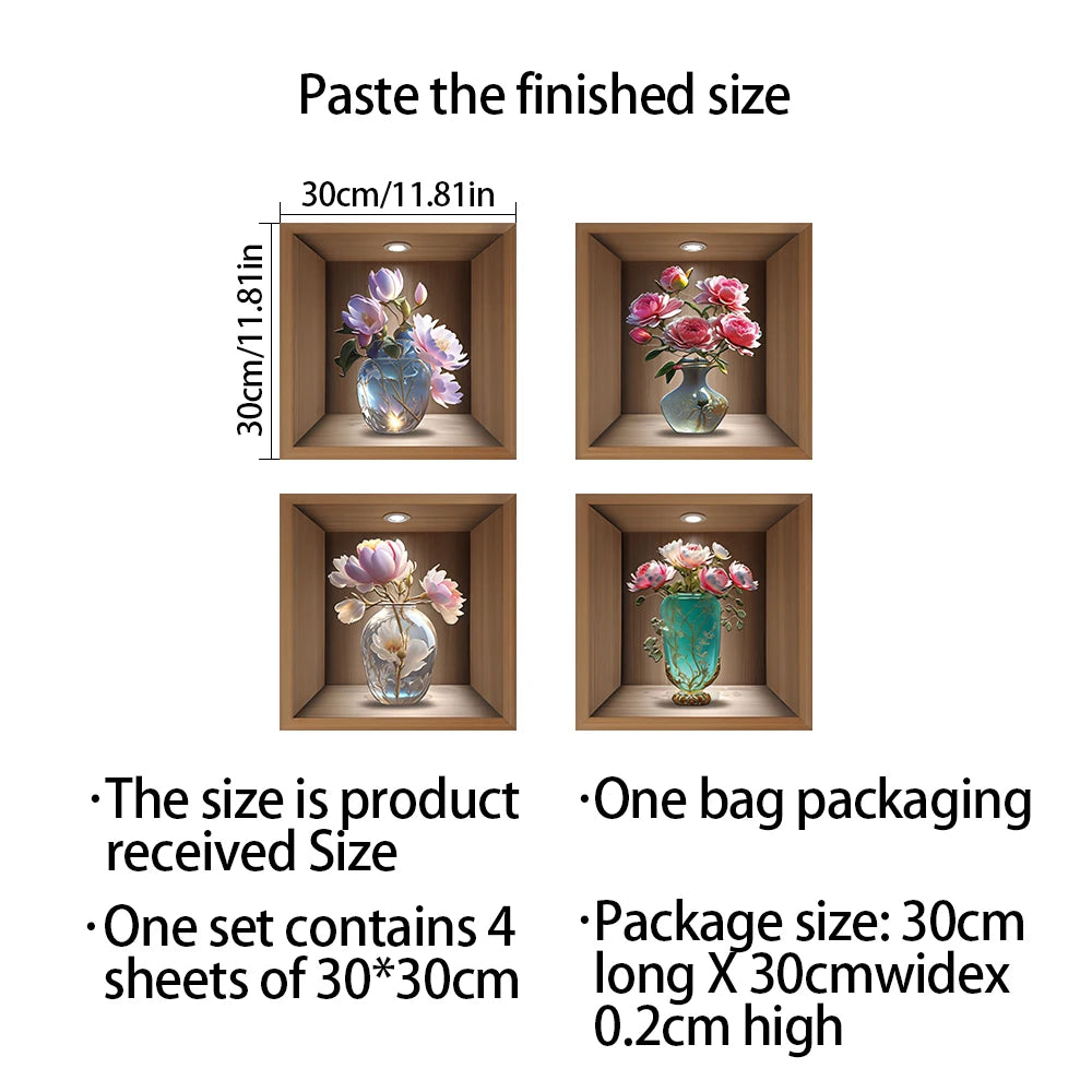 4pcs/set Simulated Plant Potted Plants Cabinet Decoration Wall Stickers Peel &amp; Stick Waterproof PVC Frameless Wall Art Mural