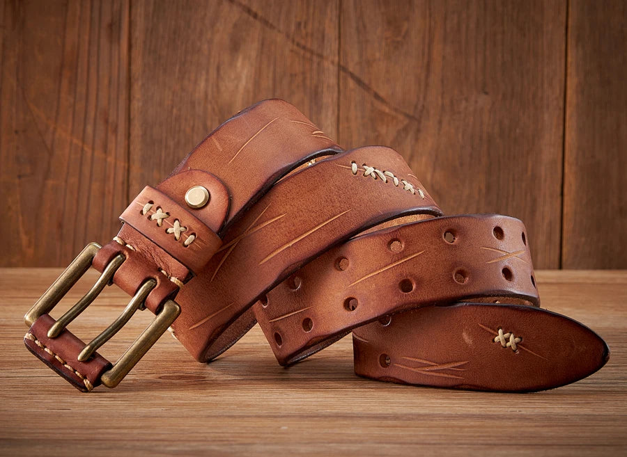 Men's military cowhide belt with double buckle, dusty style