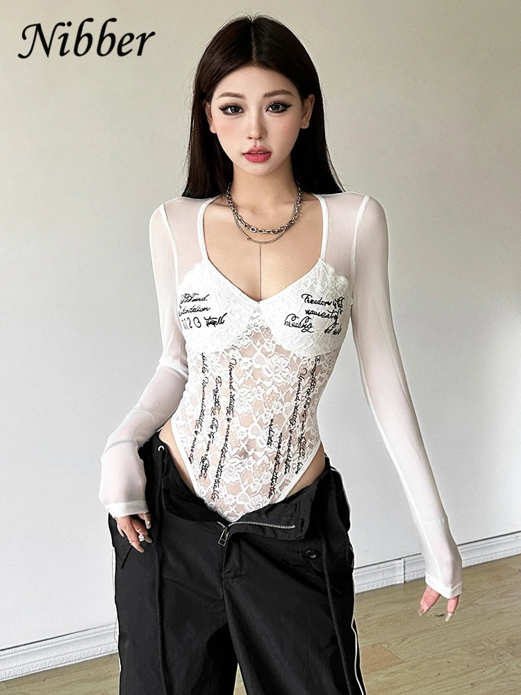 Nibber Lace up Woman Letter Print Bodysuits U Collar Hollow Out Long Sleeves Skinny Mesh Look Slimmer Korean Hottie Outfits