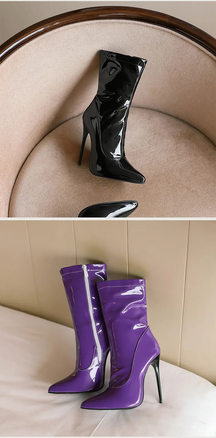 Women's Pointed Toe, Short Cut, Elegant Pointed Heel Patent Leather Boots