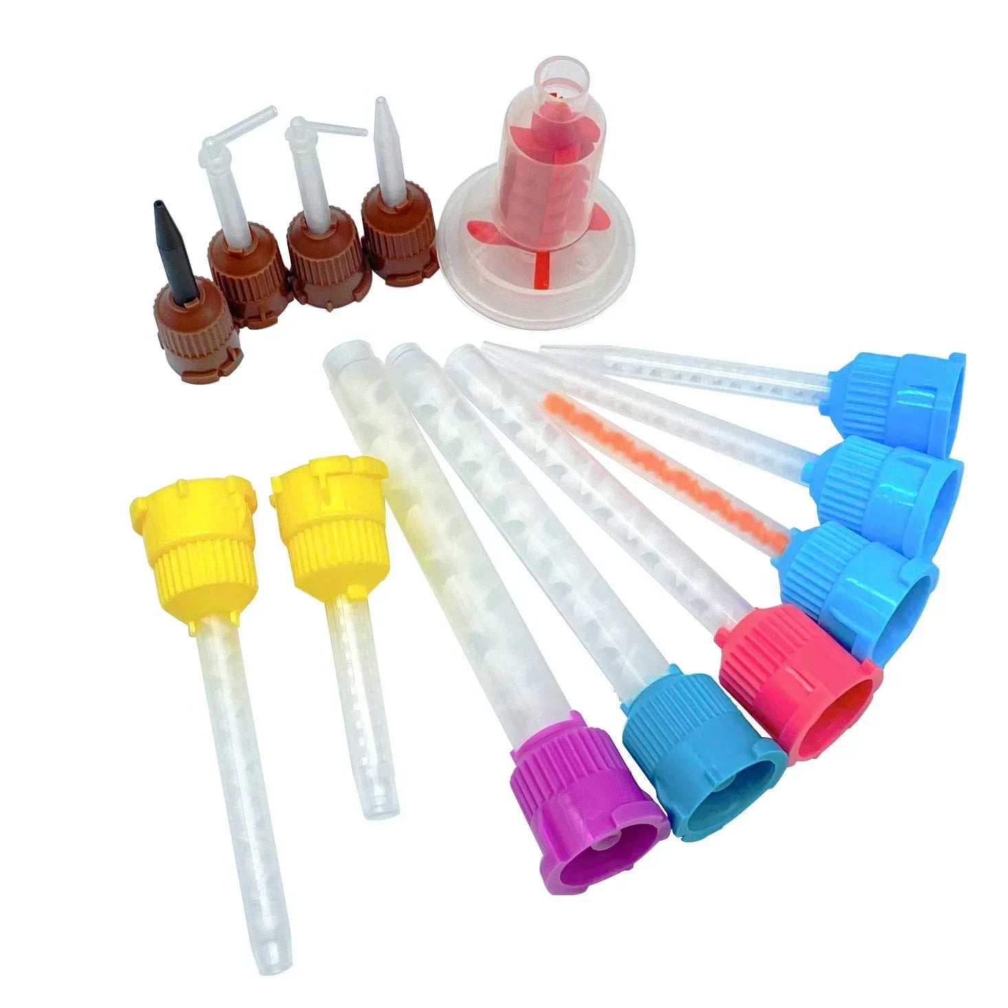 Các ống nhựa nhiều màu: nâu, vàng, tím, xanh với nắp màu tương ứng, sắp xếp trên nền trắng.