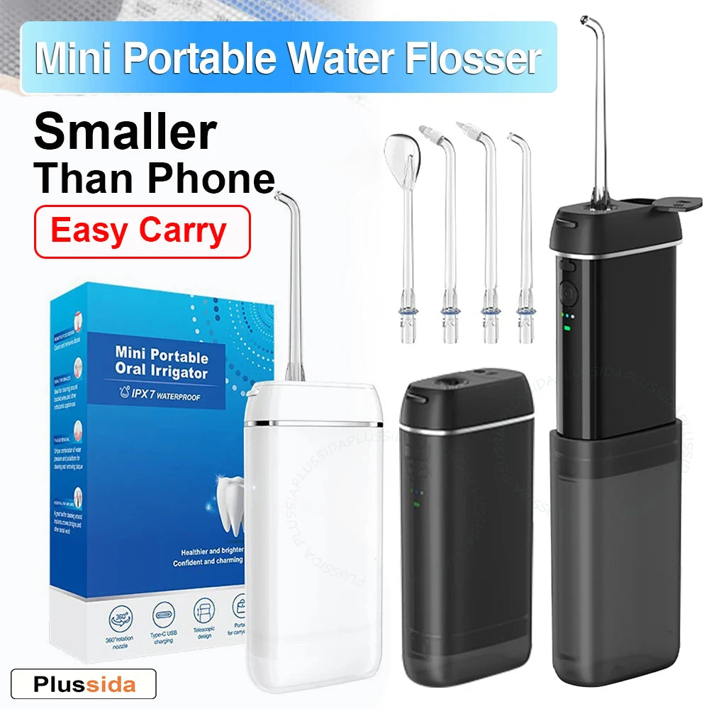 Máy tăm nước mini màu trắng và đen, hộp xanh, với nhiều đầu phun thay thế.