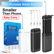 Máy tăm nước mini màu trắng và đen, hộp xanh, với nhiều đầu phun thay thế.
