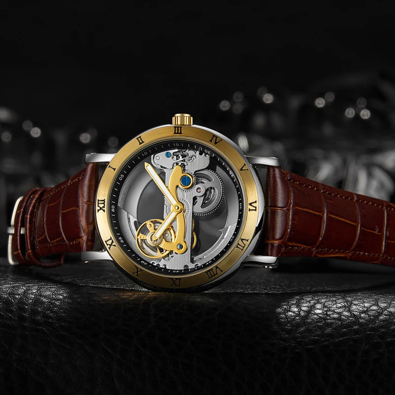 Đồng Hồ Cơ Nam Skeleton Lộ Máy Vàng Sang Trọng