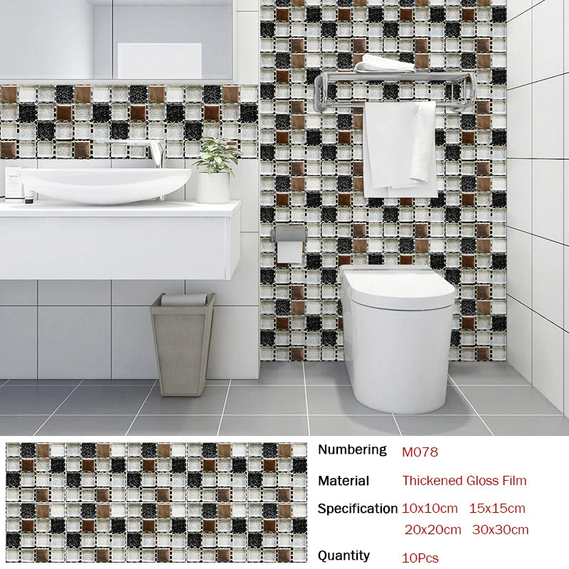 10pcs Flat Mosaic Style Tiles Sticker Kitchen Bathroom Waterproof &amp; Oilproof Art Wall Sticker Peel &amp; Stick Surface Glossy Film