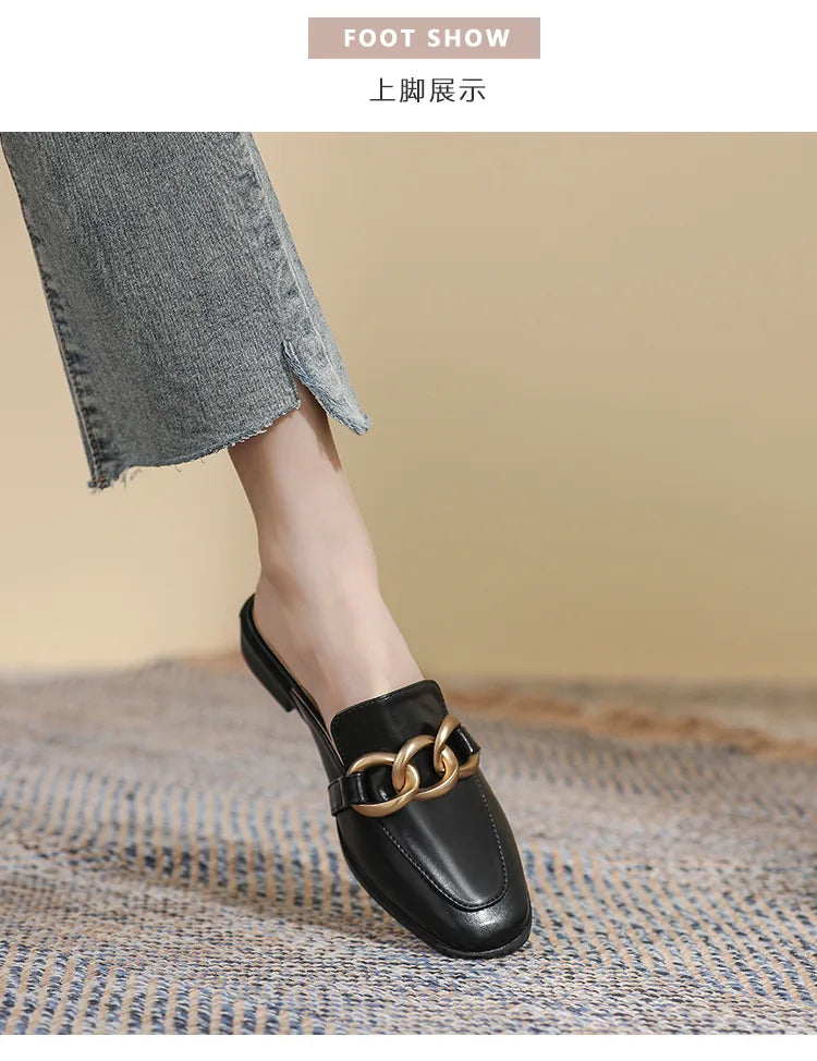 Women's Fashion Mules - Square Toe Black and White Chain