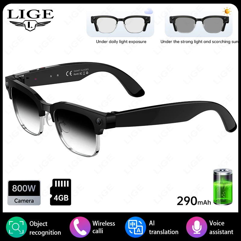 LIGE 4K AI Smart Glasses, 800W Camera, Bluetooth, Touch