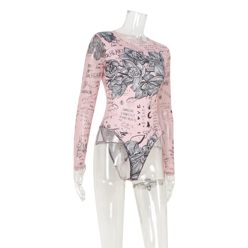 Sexy Floral Mesh Bodysuit Long Sleeve Women Corset