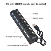 Hub USB màu đen với 7 cổng, công tắc bật/tắt, đèn LED xanh và cổng cấp nguồn DV 3.5mm.