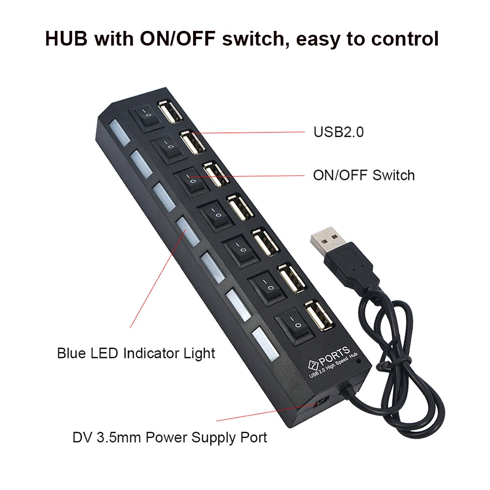 Hub USB màu đen với 7 cổng, công tắc bật/tắt, đèn LED xanh và cổng cấp nguồn DV 3.5mm.