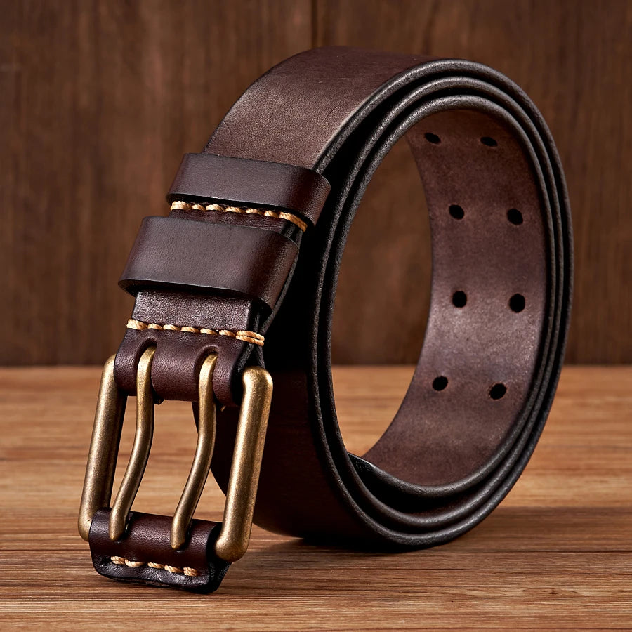 Men's Vintage Cowhide Belt with Double Brass Buckle 3.8cm