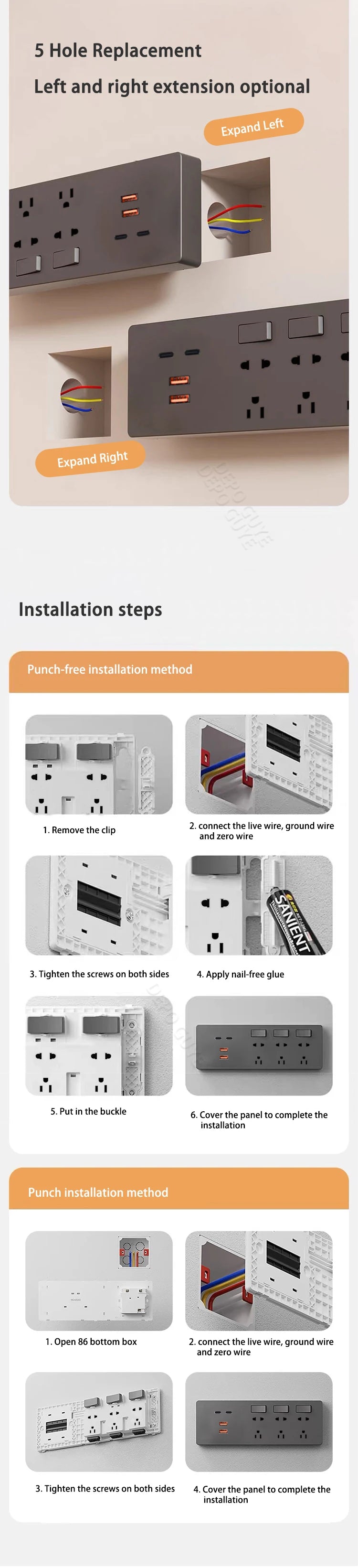US Mexico Standard Expand Socket,Universal Five Hole 65W Fast Smart Charge USB Port Outlet,UK Wall Power Electric Wall Plug
