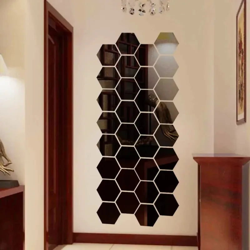 120/6pcs 3D Mirror Wall Sticker Hexagon Acrylic Self Adhesive Mirror Stickers Art Wall Decal Mosaic Tiles DIY Home Bedroom Decor
