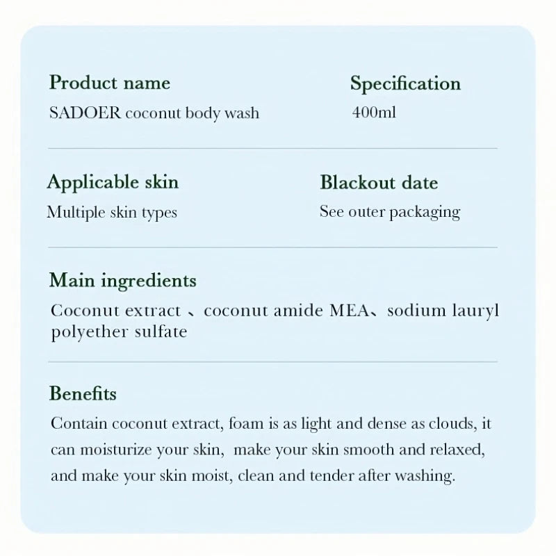 Mild Coconut Shower Gel 400ml - Long Lasting Coconut Scent