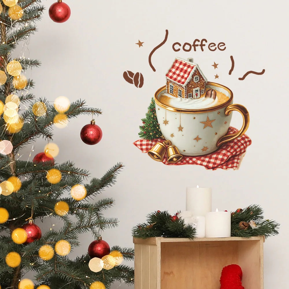 Christmas Coffee Cup Wall Stickers Living Room Restaurant Decoration Mural Cafe for Kitchen Home Decor Self-adhesive Wallpaper