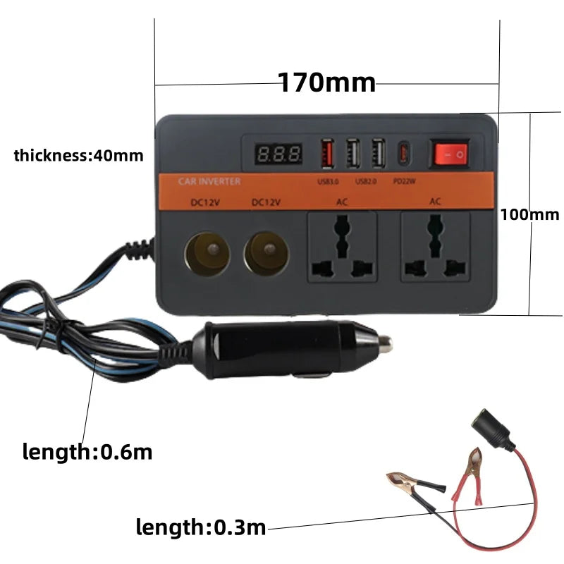 Bộ đổi nguồn ô tô 12V 300W, AC220V, USB+TypeC PD22W - Daisan Mart