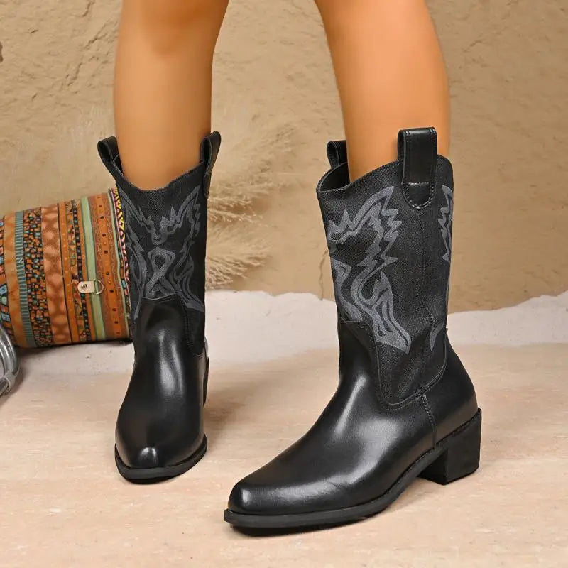 ###Bốt Da Cao Cổ Thêu Nữ 2025 - Phong Cách Viễn Tây