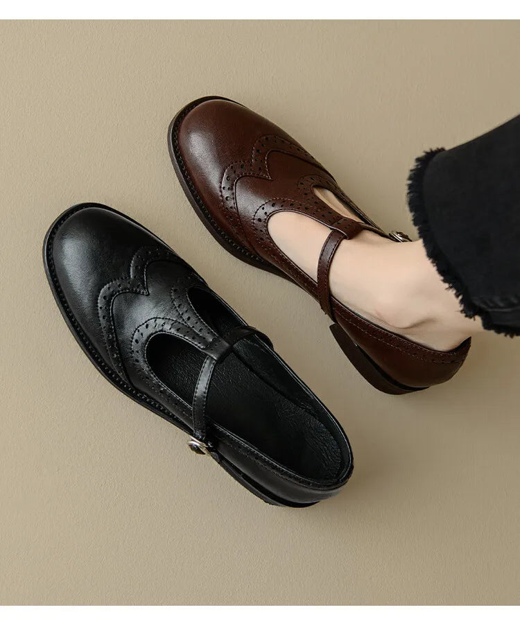 Women's Retro Oxford Shoes Vintage Perforated Genuine Leather