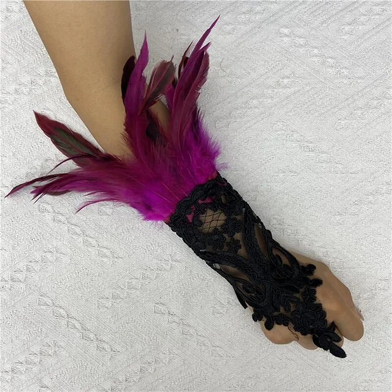 Mesh Gloves Women Halloween Lolita Cosplay Y2k Feather Cuffs Fingerless Mittens Lace Black Long Rave Accessories Feather Apparel - Daisan Mart