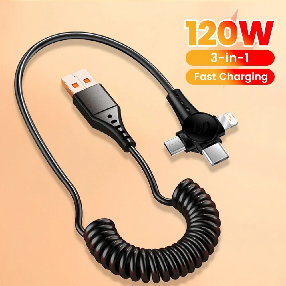 3in1 120W Fast Charging Cable with Multi-Function Spring Retractable