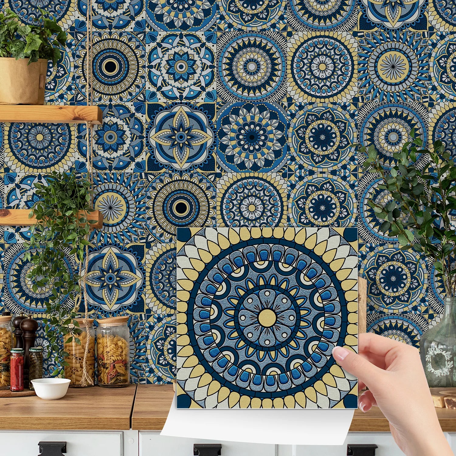 24 pieces of Mandala Pattern Glossy Self-adhesive Tile Stickers for Kitchen and Bathroom Removable Waterproof 3D Wall Decal