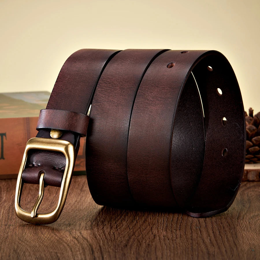 High Quality Men's Cowhide Belt - Vintage Copper Buckle
