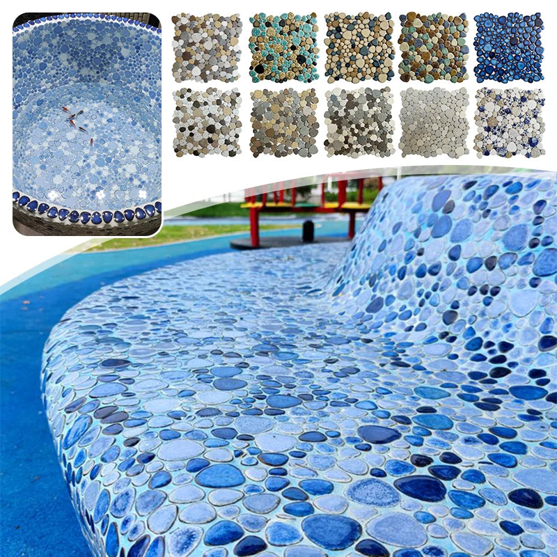 Ceramic Pebble Mosaic Fragment Hot Spring Pool Fish Pool Fragment Home Decor Toilet Non-slip Anti-friction Blue White Tile Sheet