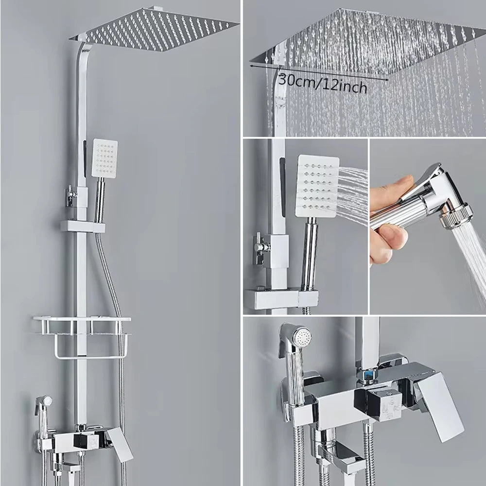 Chrome Brass Shower Faucet Set Rainfall Bathtub Tap With Bathroom Shelf 4 Function Height Adjust Shower Mixer Crane Fast Delivey