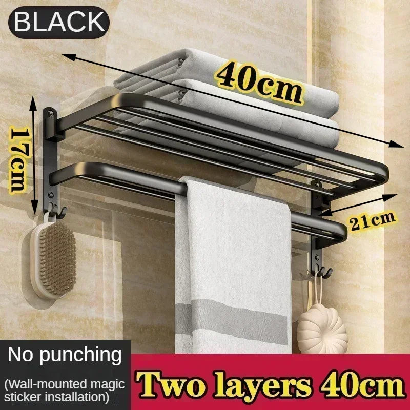 40/50/60CM No Drilling Towel Rack Fold Self-adhesive Wall Hanger Rail Bracket Black Aluminum Shower Bathroom Accessories Holder