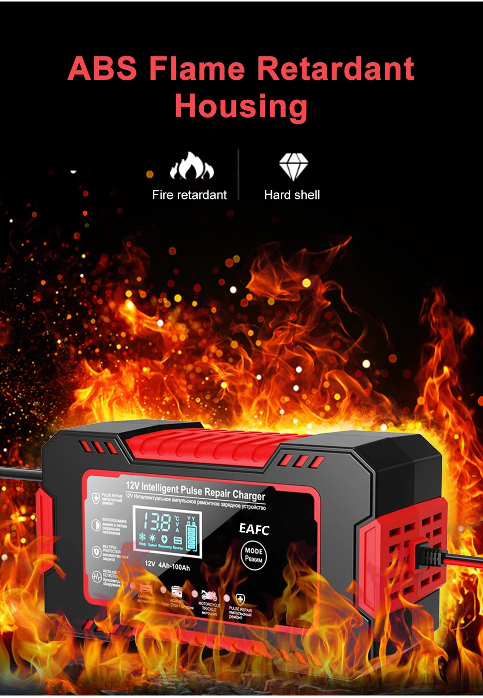 Car Battery Charger 12V 6A Pulse Repair LCD Display Smart Fast Charge AGM Deep Cycle GEL Lead-Acid Charger For Auto Motorcycle