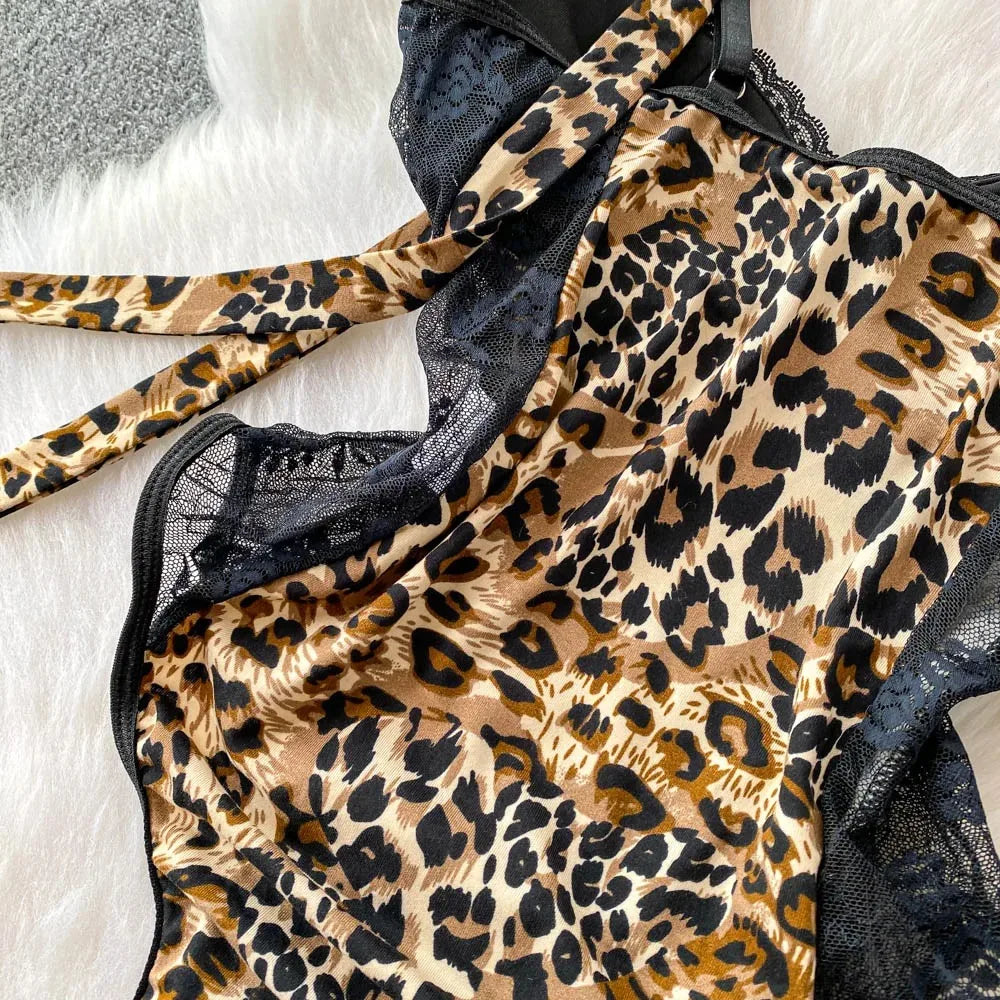 Women Hotsweet V-neck leopard slim Vintage Straps Bodysuits Chic lace Jumpsuits Slim Top Clothing
