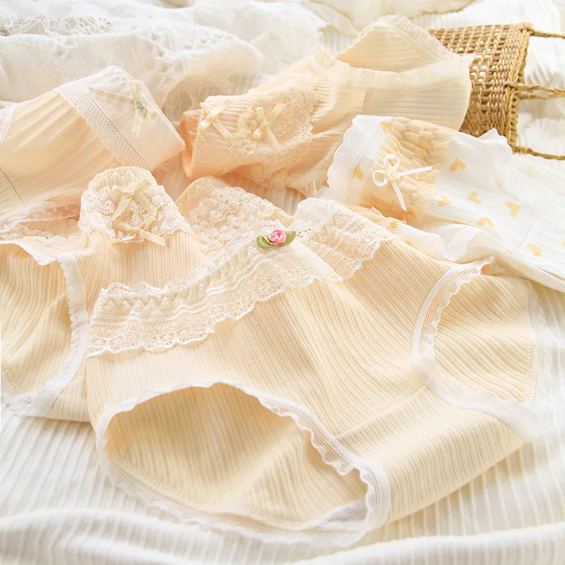 Women's Cotton Panties - White Lace, Seamless, 5 Pieces