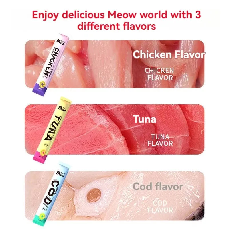 Ba hương vị Meow: gà màu hồng nhạt, cá ngừ hồng đậm, cá tuyết trắng nhạt.