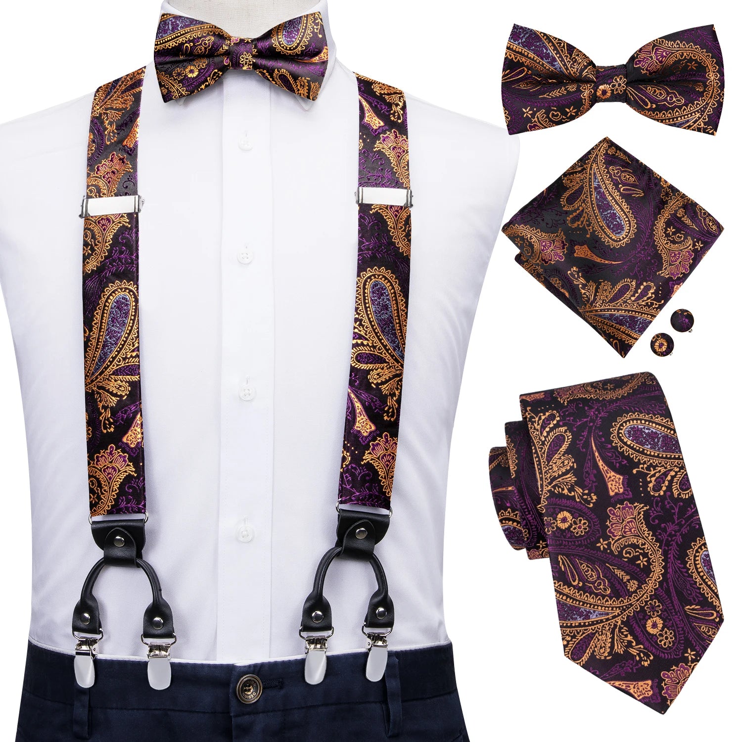 奢華復古金色花卉男士高領絲綢腰帶和領結