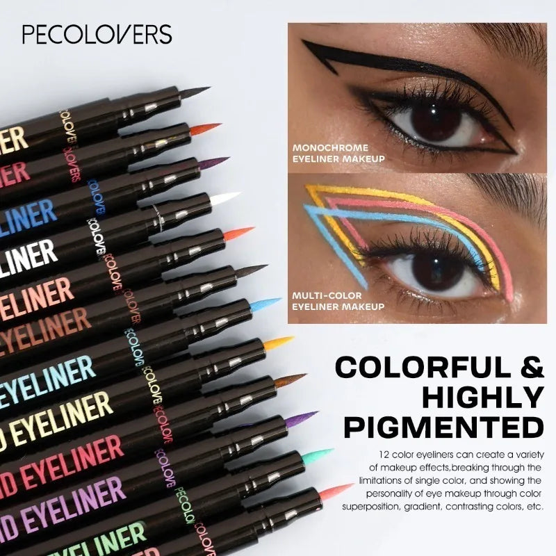 Super Durable 12 Color Eyeliner Pen - Waterproof, Sharp