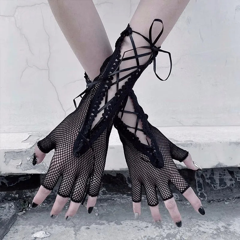 New Design Women Sexy Bandage Fingerless Gloves Gothic DIY Strapping Sunscreen Sleeve Lolita Jk Emo Y2k Elastic Mesh Punk Gloves - Daisan Mart