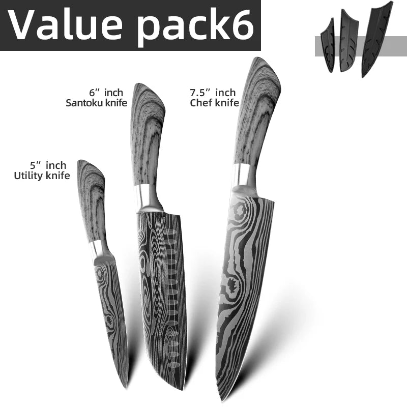 Bộ Dao Bếp Nhật Santoku 7Cr17 440C Vân Damascus