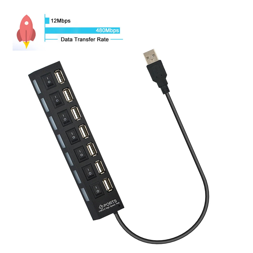 Hub USB 7 Cổng 2.0 Đa Năng với Công Tắc và Cáp Chuyển