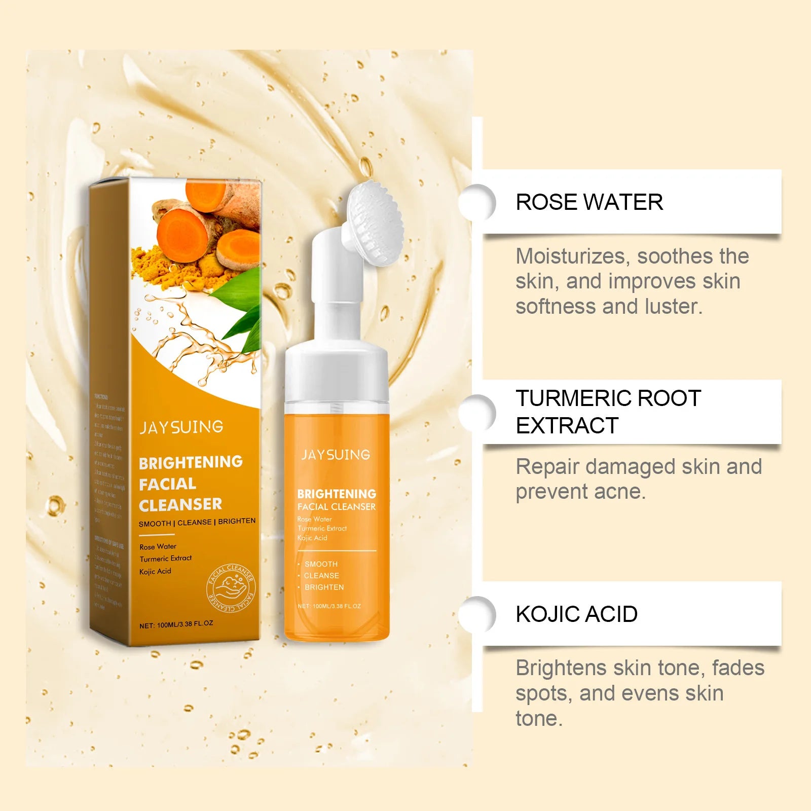 Brightening Facial Cleanser Turmeric Moisturize Nourish Acne Blackhead Remover Clean Pores Rejuvenation Wash Foam Face Cleanser